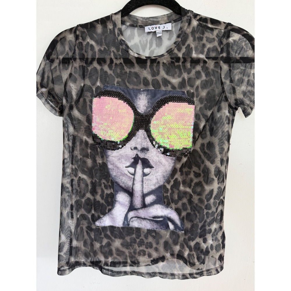 Love J Womens Leopard Print Sheer Mesh Sequin Sunglasses Graphic T-Shirt Small